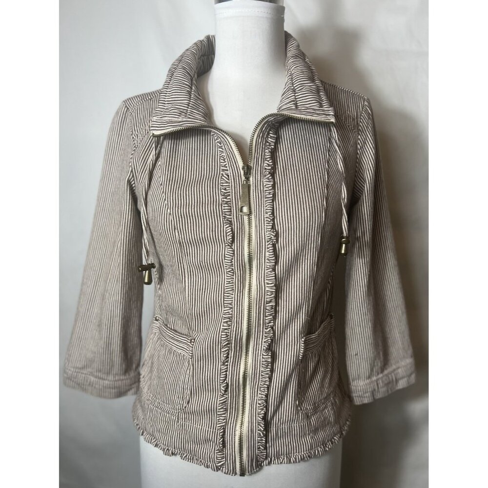 Dress Barn 3/4 sleeve zippered jacket‎ with ruffles drawstring neck womens small